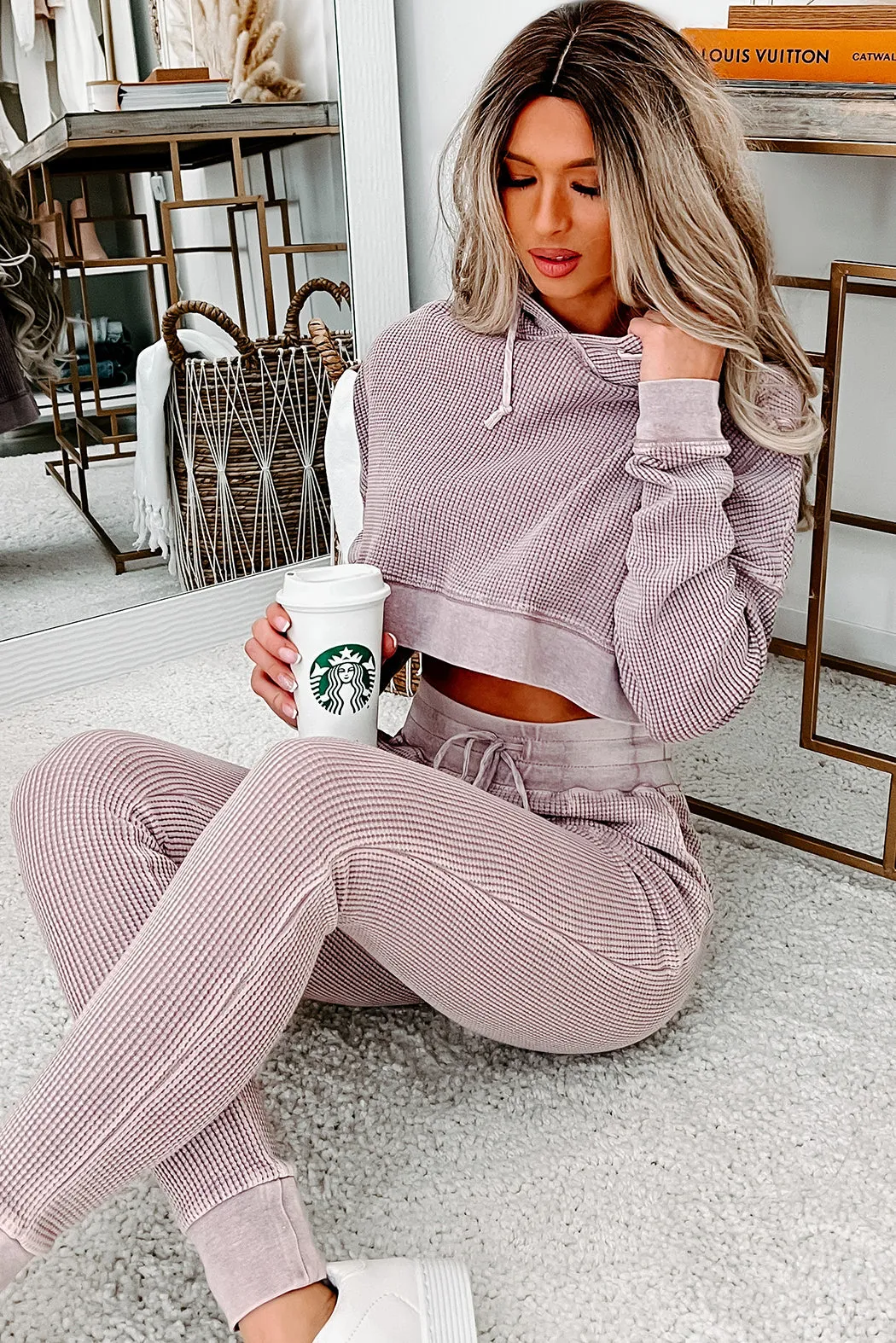 Snooze & Snuggle Thermal Knit Cropped Hoodie (Dusty Pink)