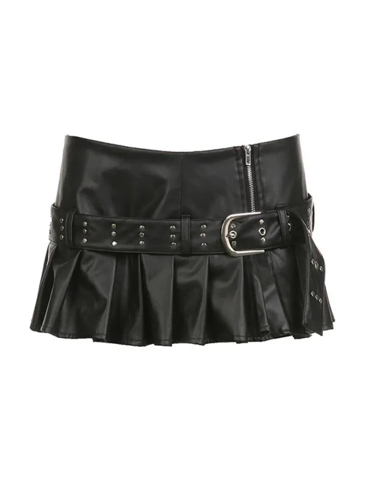 Wenkouban-nye outfits Punk Rivet Belted Pleated Slit Leather Mini Skirt 2025 fashion trends y2k style party club outfits