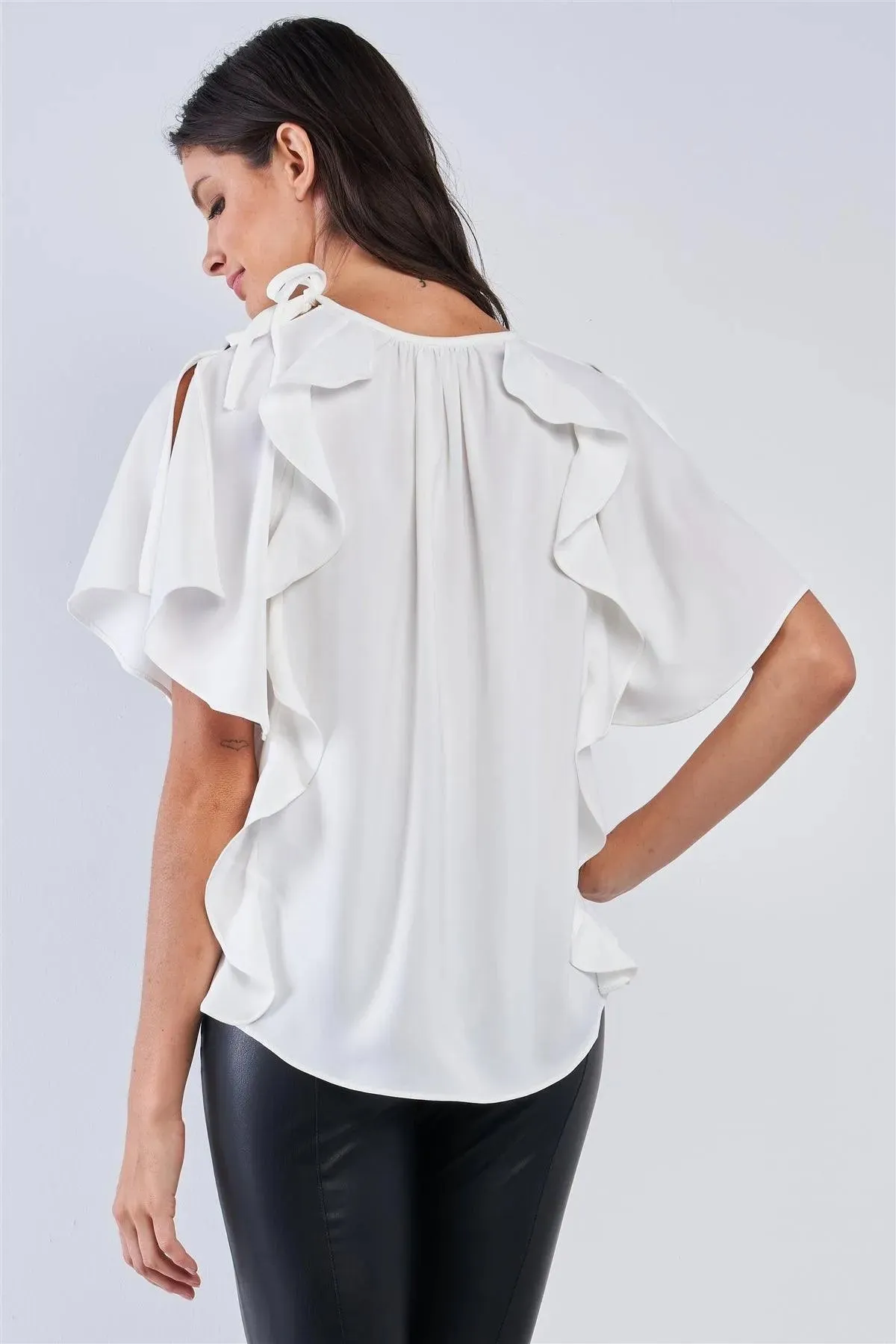 White Relaxed Fit Sleeveless Crew Neck One Shoulder Self-Tie Detail Mini Angel Wing Sleeve Ruffle Tunic Top /1-2-2-1