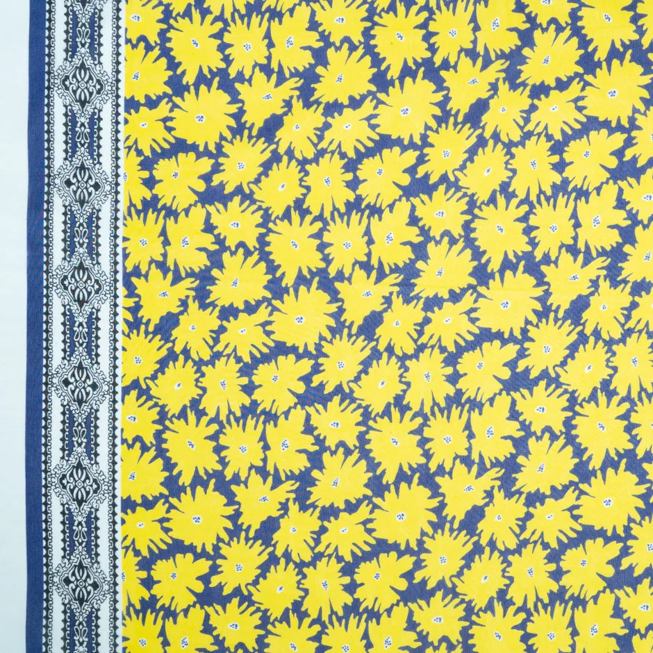 Yellow Floral Printed Blue Pure Silk Georgette