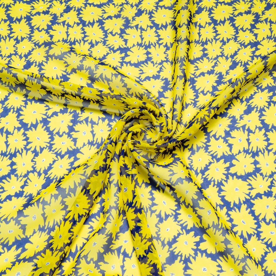 Yellow Floral Printed Blue Pure Silk Georgette