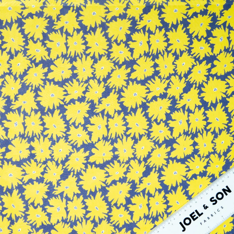 Yellow Floral Printed Blue Pure Silk Georgette